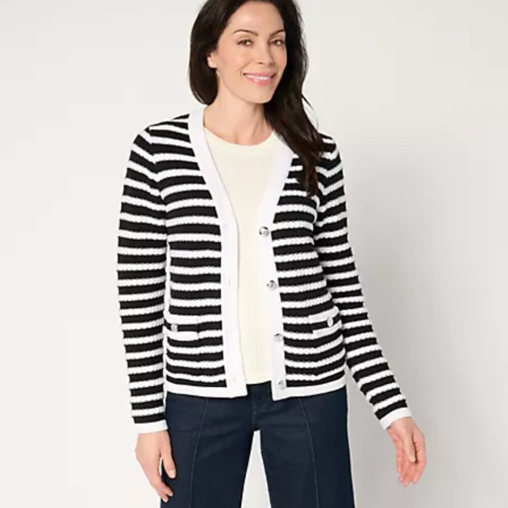 Isaac Mizrahi Striped Button-Front Sweater Cardigan Pitch Black XL A676084